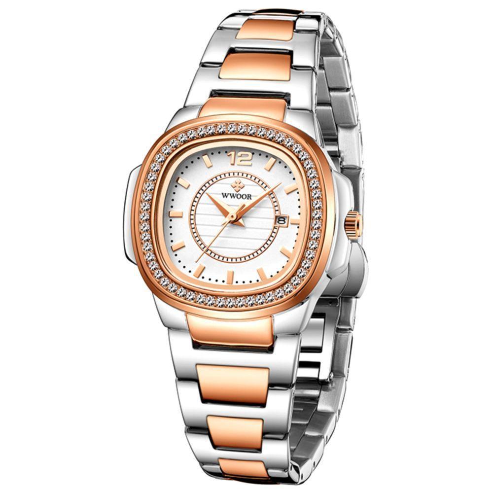 Relógio Feminino Quadrado Com Strass Pulseira Em Aço Inoxidavel Impermeavel Prata Rose - 3