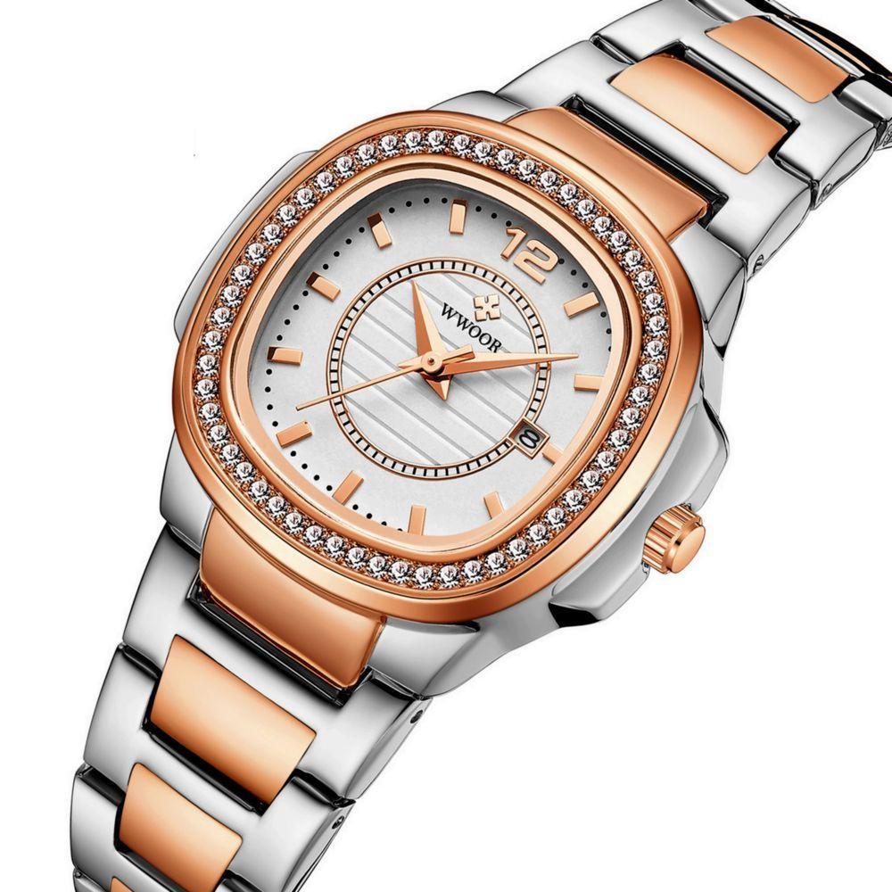 Relógio Feminino Quadrado Com Strass Pulseira Em Aço Inoxidavel Impermeavel Prata Rose - 4