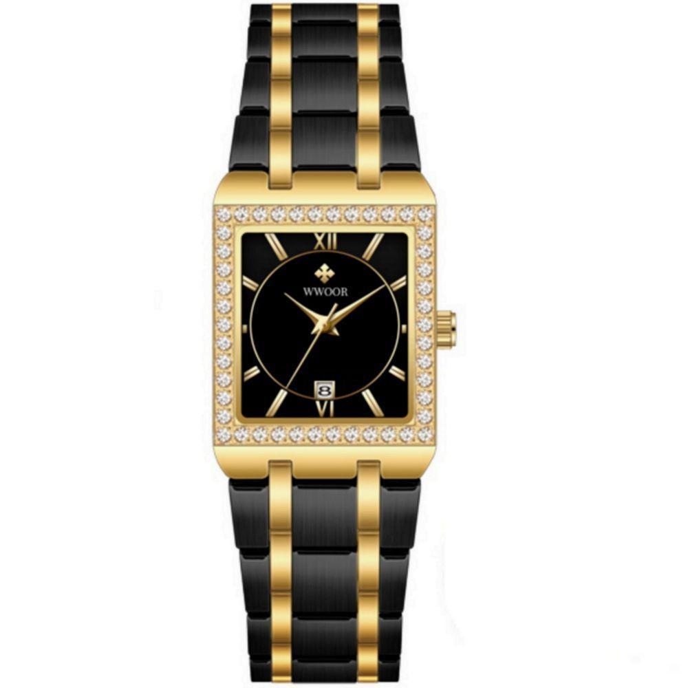 Relógio De Pulso Feminino Casual Com Strass Em Aço Inoxidavel Impermeavel Preto Dourado - 1