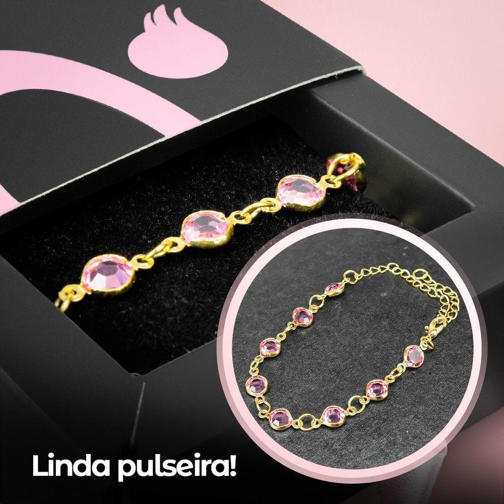 Relogio Feminino Dourado Strass + Pulseira + Colar Coração - 3