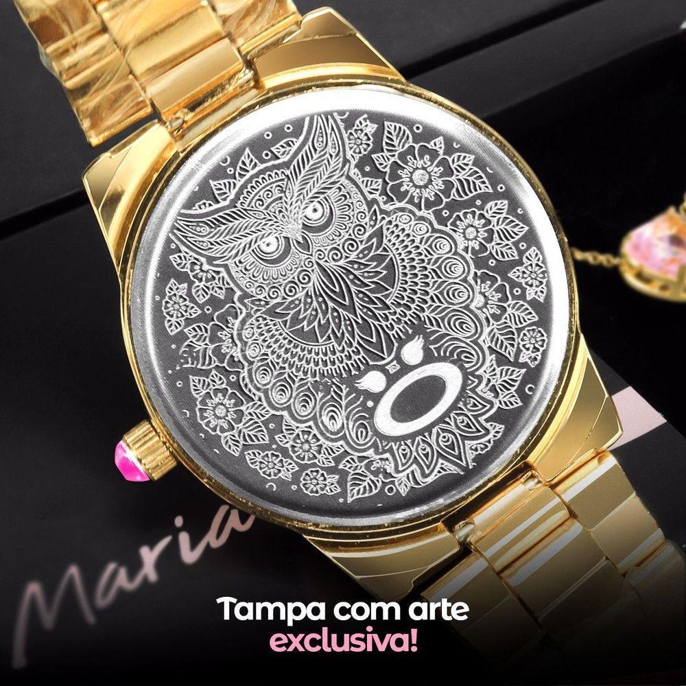 Relogio Feminino Dourado Strass + Pulseira + Colar Coração - 6