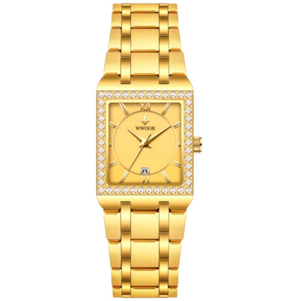 Relógio De Pulso Feminino Casual Com Strass Em Aço Inoxidavel Impermeavel Dourado - 1