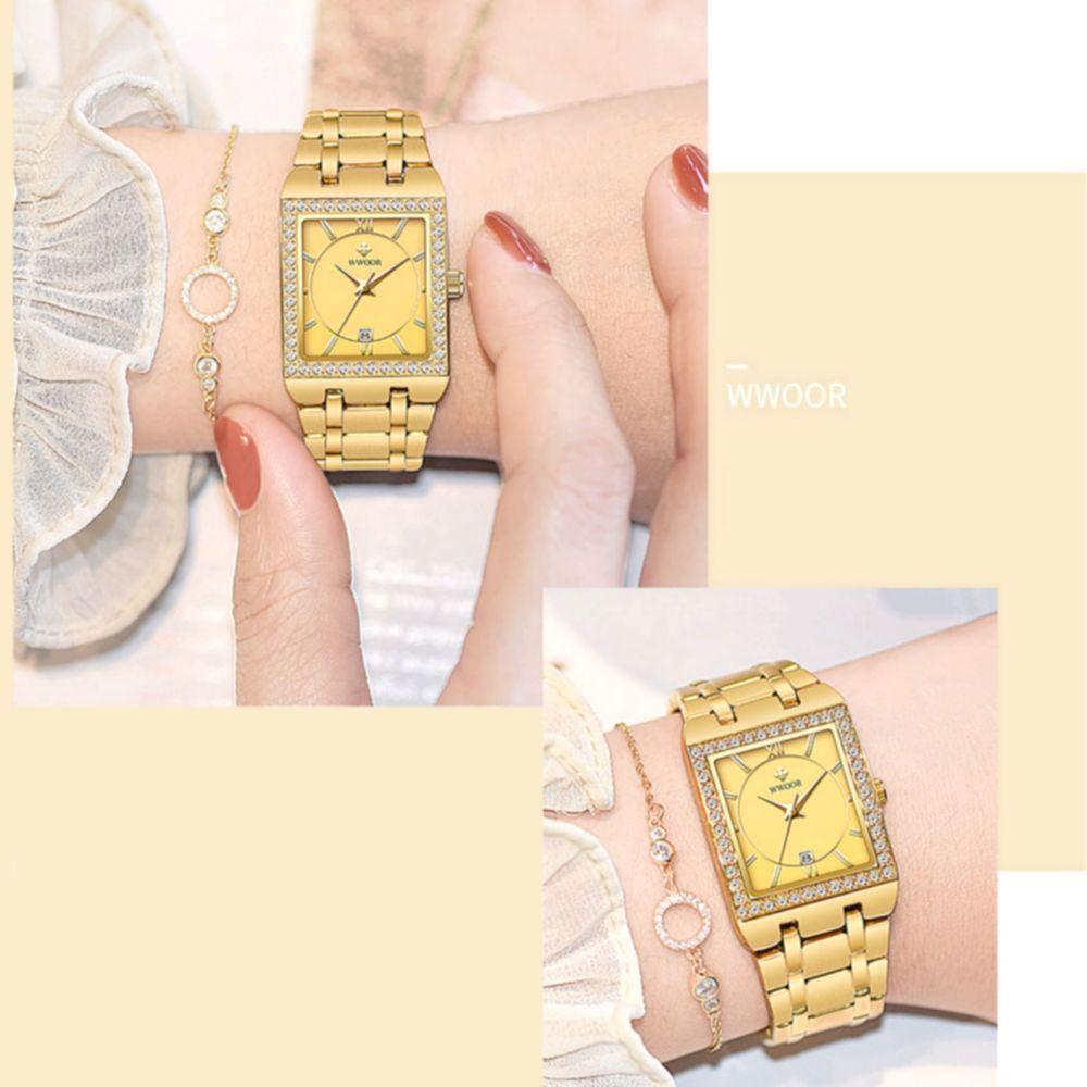 Relógio De Pulso Feminino Casual Com Strass Em Aço Inoxidavel Impermeavel Dourado - 3