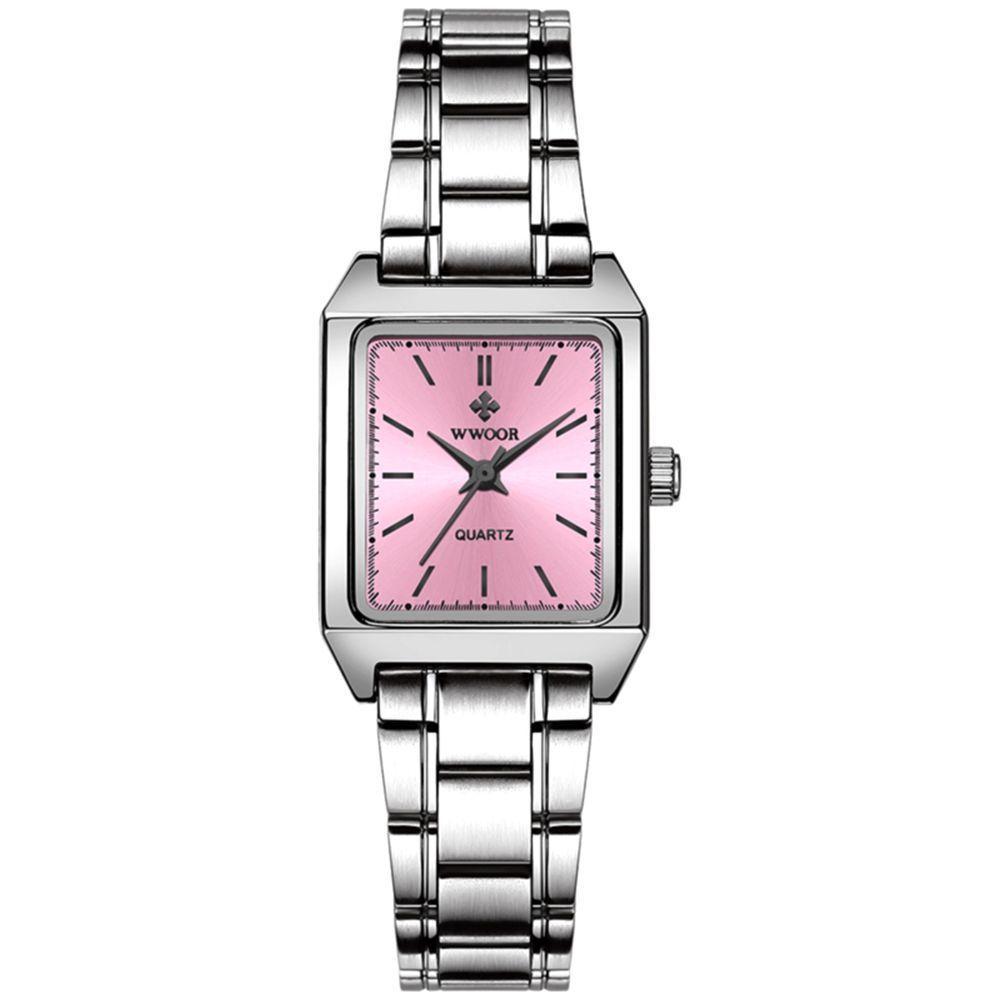 Relógio De Pulso Feminino Quadrado De Quartzo Em Aço Inoxidavel Impermeavel Rosa - 1