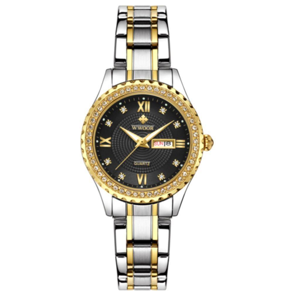 Relógio Feminino De Quartzo Com Strass Em Aço Inoxidável Casual Preto Dourado - 1