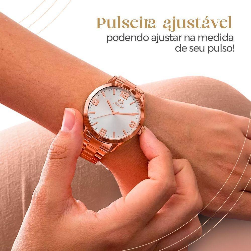 Relogio Feminino Rose + Colar Strass + Brincos + Caixa Social Casual Moda Ajustavel Presente - 5