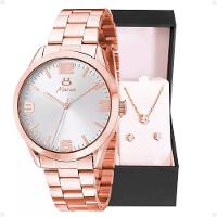 Relogio Feminino Rose + Colar Strass + Brincos + Caixa Social Casual Moda Ajustavel Presente - 1