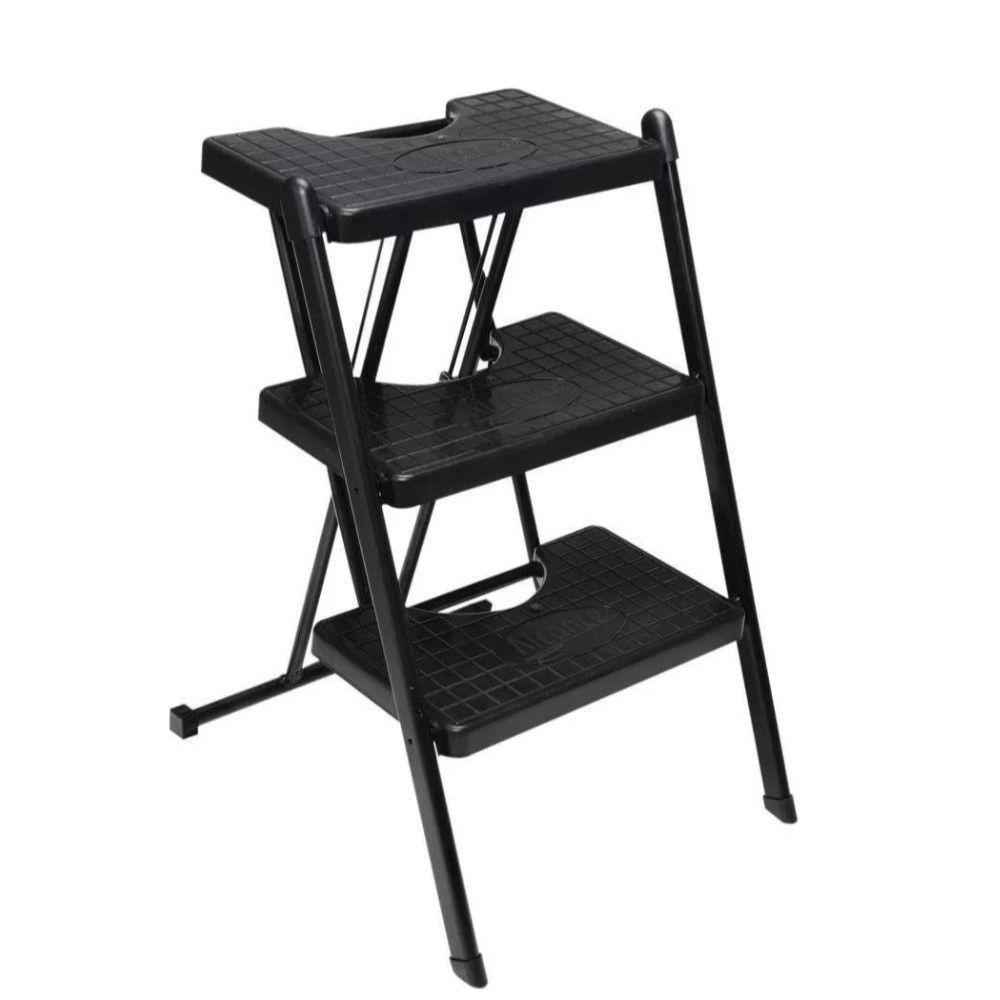Escada Alcance 3 Degraus Dobrável 120 Kg Preta Anodilar - 1