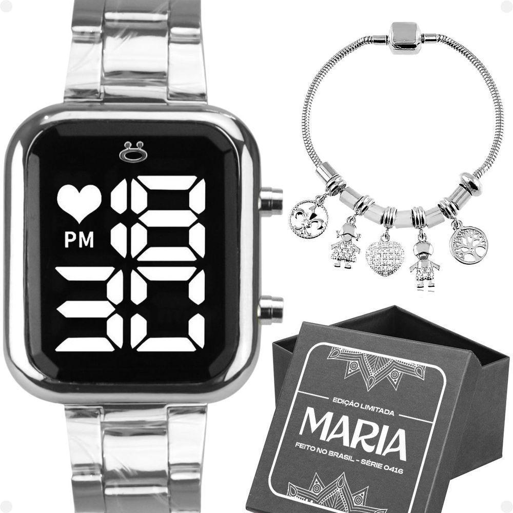 Relogio Feminino Aço Inox Prata + Pulseira Pandora + Caixa - 1