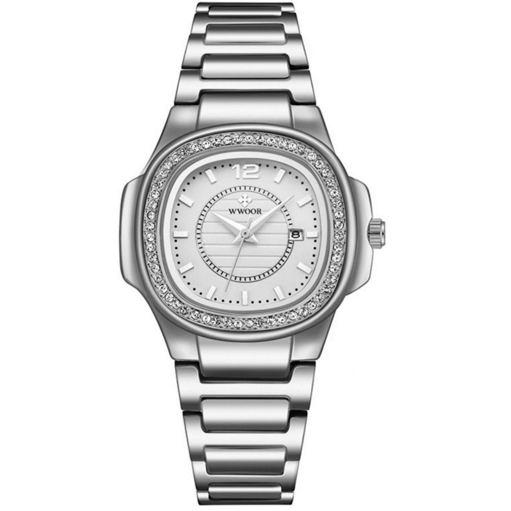 Relógio Feminino Quadrado Com Strass Pulseira Em Aço Inoxidavel Impermeavel Branco - 1