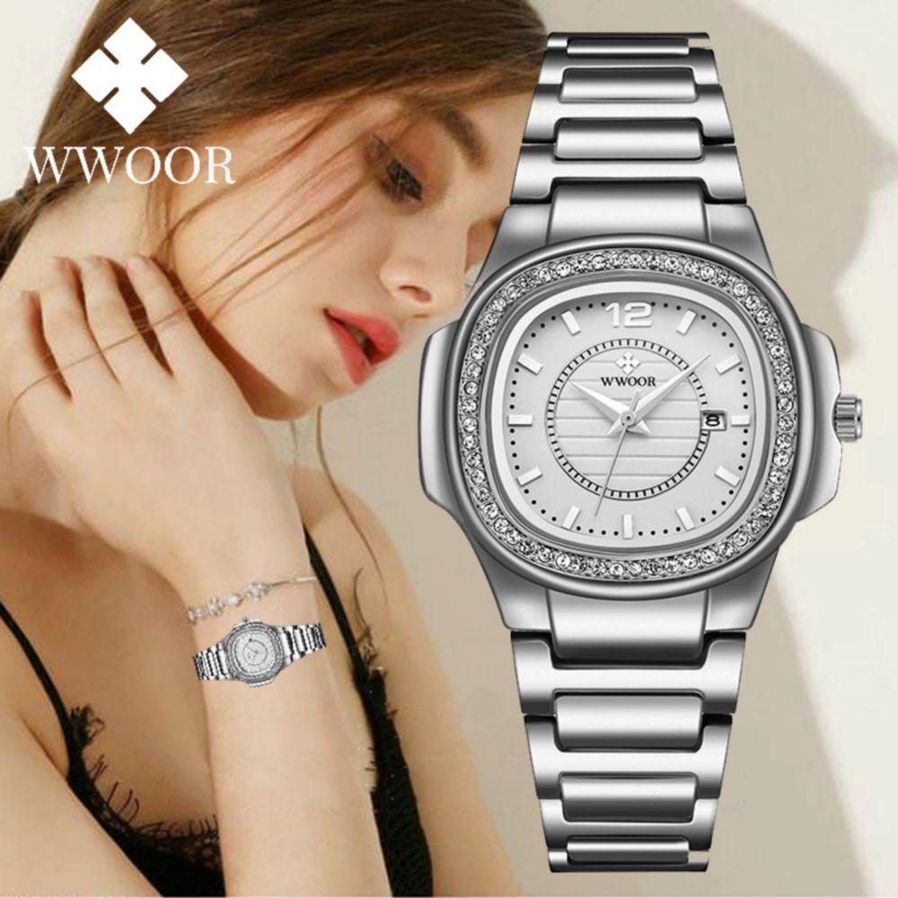 Relógio Feminino Quadrado Com Strass Pulseira Em Aço Inoxidavel Impermeavel Branco - 2