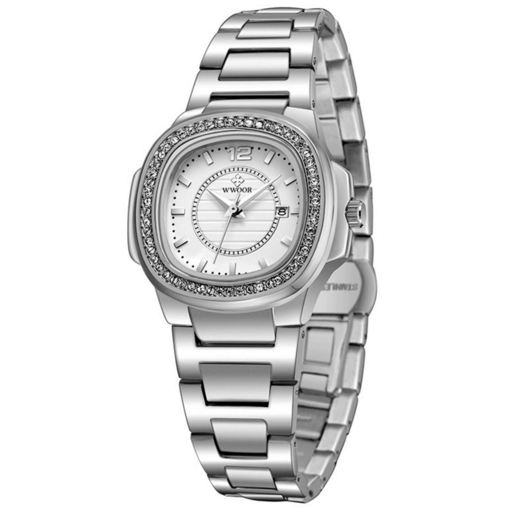 Relógio Feminino Quadrado Com Strass Pulseira Em Aço Inoxidavel Impermeavel Branco - 3