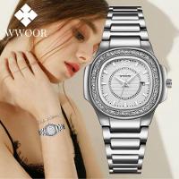 Relógio Feminino Quadrado Com Strass Pulseira Em Aço Inoxidavel Impermeavel Branco - 2