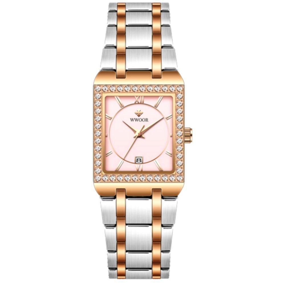 Relógio De Pulso Feminino Casual Com Strass Em Aço Inoxidavel Impermeavel Rosa Dourado - 1