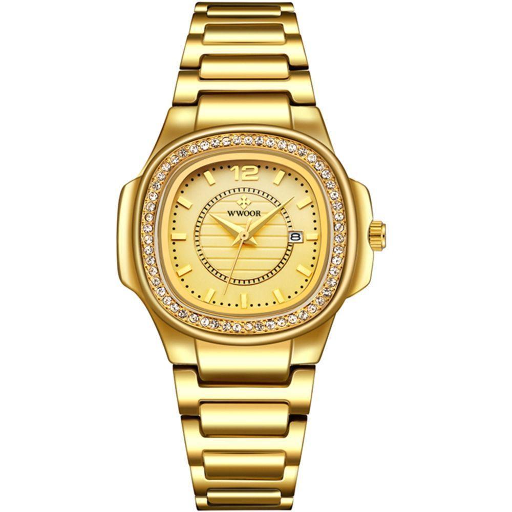 Relógio Feminino Quadrado Com Strass Pulseira Em Aço Inoxidavel Impermeavel Dourado - 1