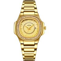 Relógio Feminino Quadrado Com Strass Pulseira Em Aço Inoxidavel Impermeavel Dourado - 1