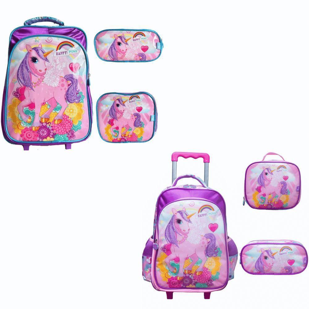 Kit Mochila De Rodinhas + Lancheira Térmica + Estojo Happy Pony Yins Rosa - 3