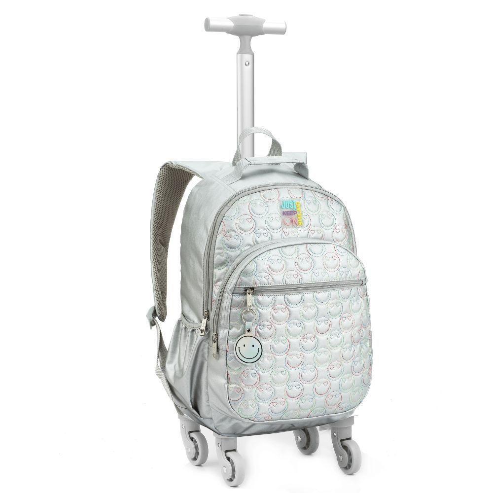 Kit Mochila De Rodinhas + Lancheira + Estojo Box Just Keep On Smiling Denlex Prata - 2