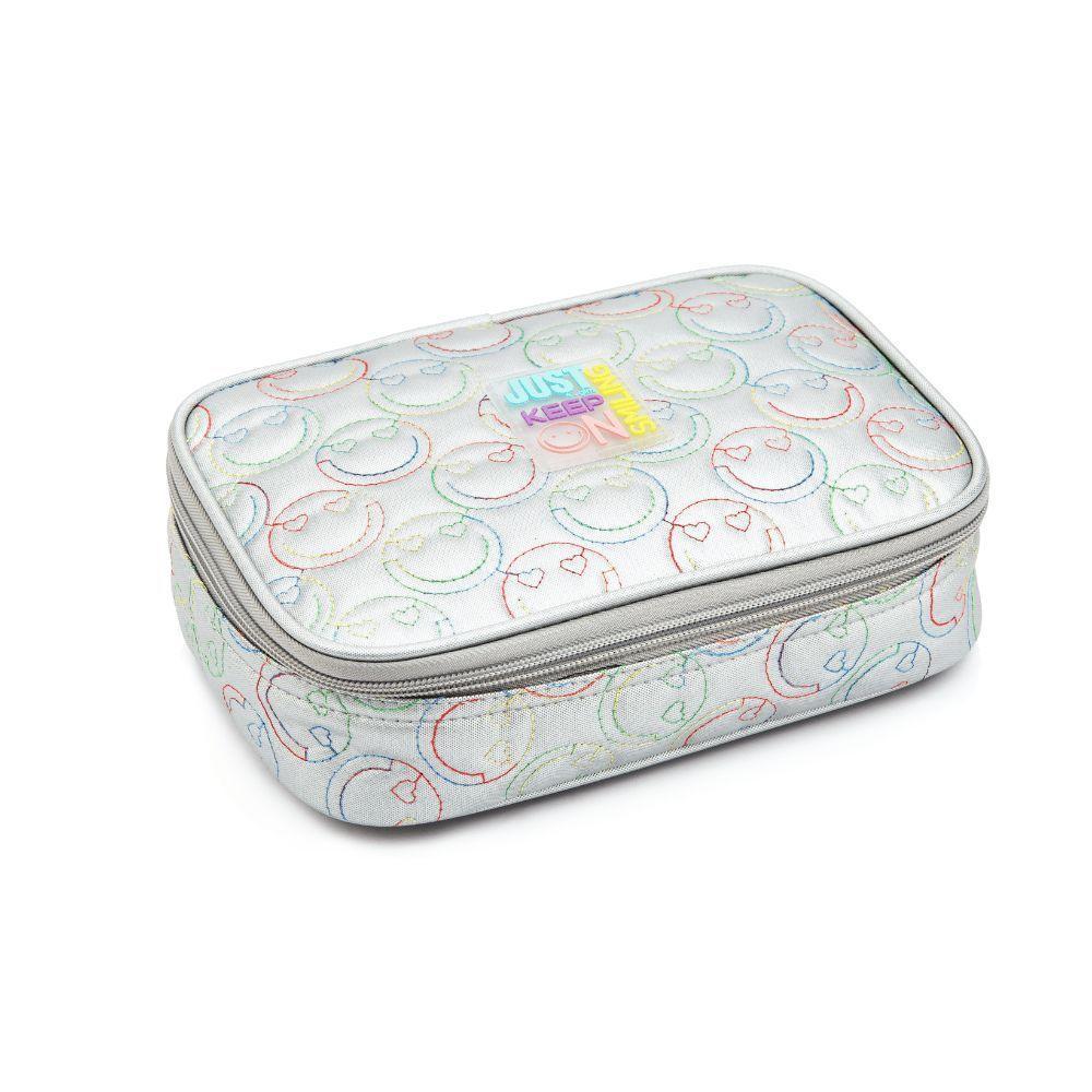 Kit Mochila De Rodinhas + Lancheira + Estojo Box Just Keep On Smiling Denlex Prata - 3