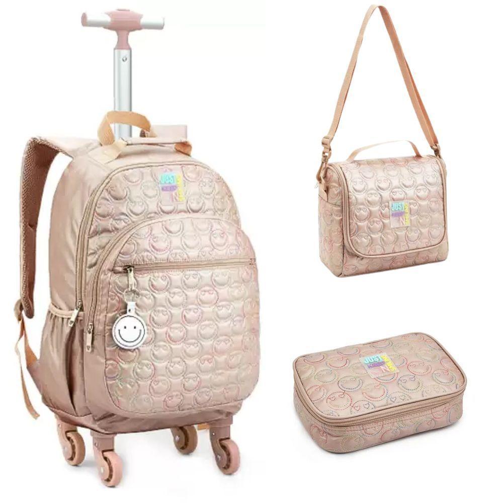 Kit Mochila De Rodinhas + Lancheira + Estojo Box Just Keep On Smiling Denlex Rose - 1