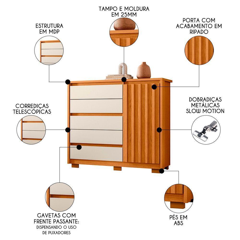 Cômoda Sapateira 1 Porta 5 Gavetas 125cm Duetto Cinamomo Off White Albatroz - 6
