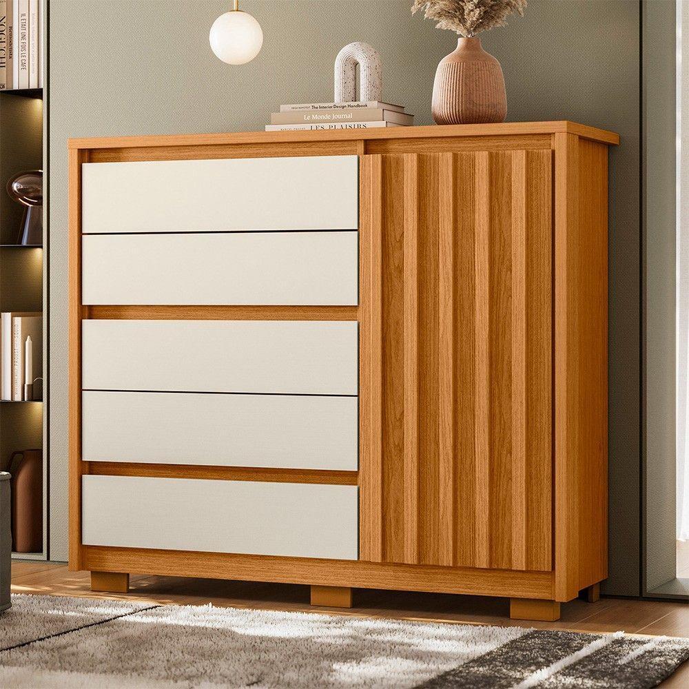 Cômoda Sapateira 1 Porta 5 Gavetas 125cm Duetto Cinamomo Off White Albatroz - 7