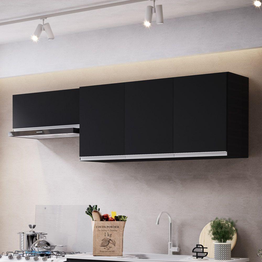 Conjunto De Armários Aéreo Cozinha Planejada Lux 120cm E 70cm 100% Mdf Preto Tx Fosco - Desk Design - 8
