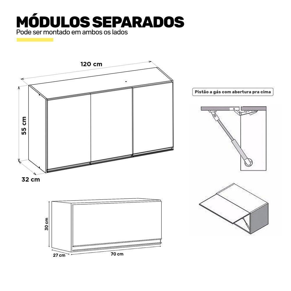 Conjunto De Armários Aéreo Cozinha Planejada Lux 120cm E 70cm 100% Mdf Preto Tx Fosco - Desk Design - 10