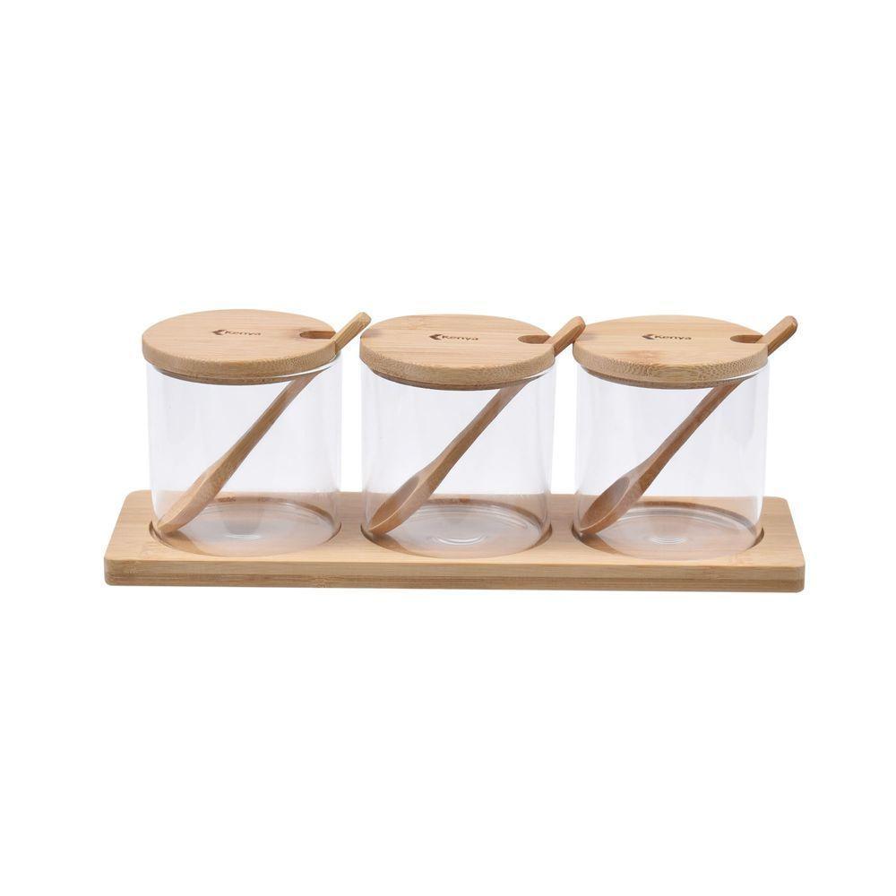 Kit Com 3 Peças Pote Em Vidro, Colher E Base Em Bambu Kenya - 1