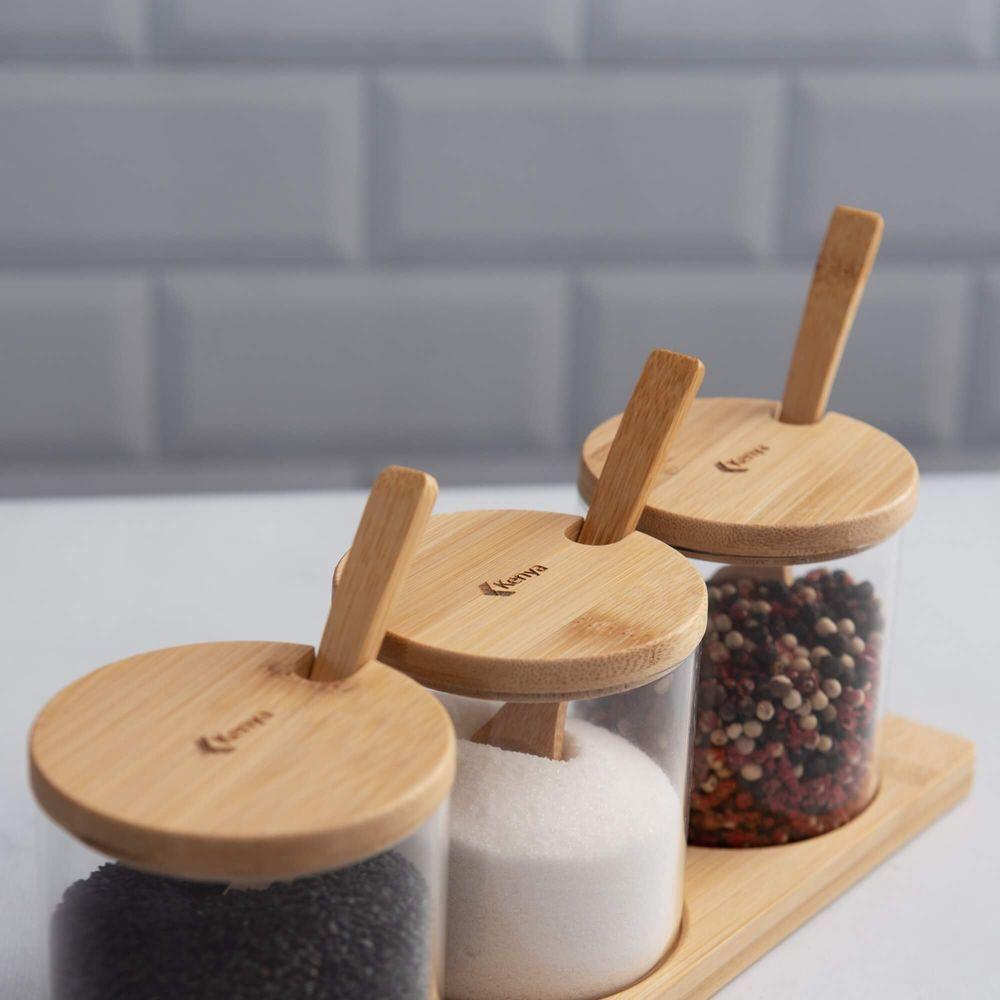 Kit Com 3 Peças Pote Em Vidro, Colher E Base Em Bambu Kenya - 3