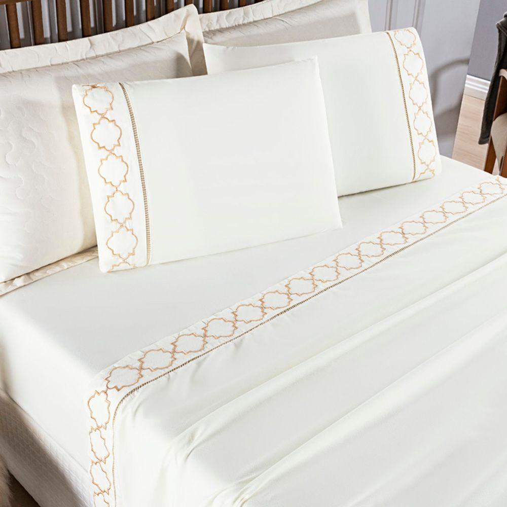 Jogo De Lençol Helena Casal 4 Peças Micropercal 400 Fios Ponto Palito Macio - Palha - 1