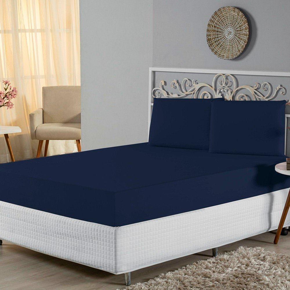 Jogo De Lençol Casal Padrão Malha 100% Algodão 3 Peças Cor Azul Marinho - 1