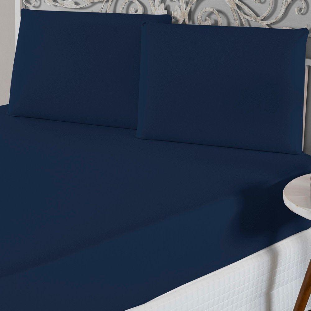 Jogo De Lençol Casal Padrão Malha 100% Algodão 3 Peças Cor Azul Marinho - 2