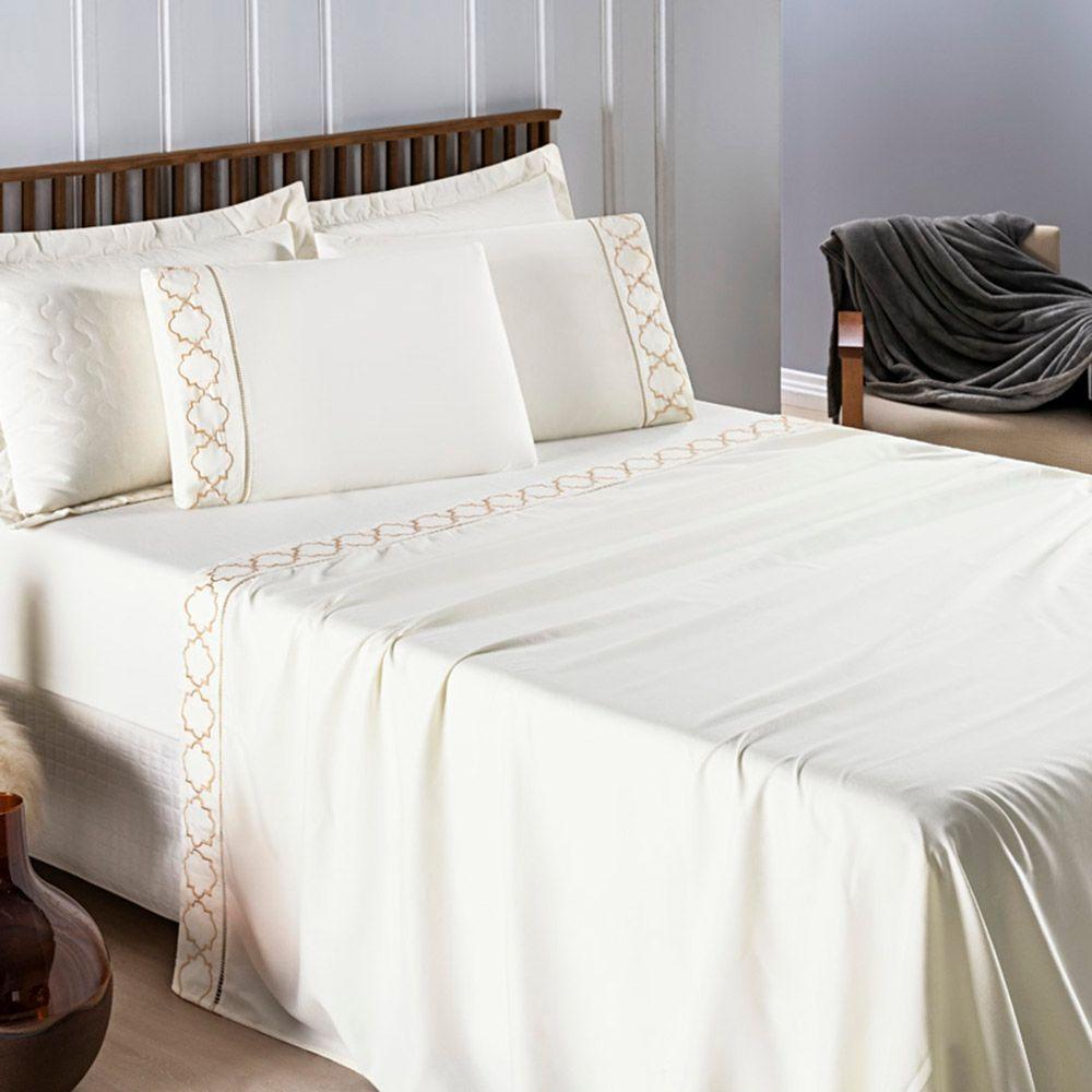 Jogo De Lençol Helena Queen 4 Peças Micropercal 400 Fios Ponto Palito Macio - Palha - 5