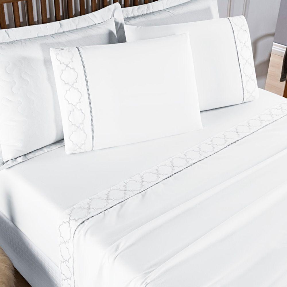 Jogo De Lençol Helena Queen 4 Peças Micropercal 400 Fios Ponto Palito Macio - Branco - 1