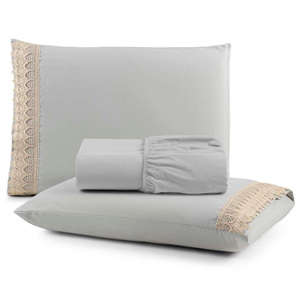 Jogo Cama Lençol Haia King Percal 200 Fios 100% Algodão Guipir Bordado Inglês 3 Peças Cinza - 1