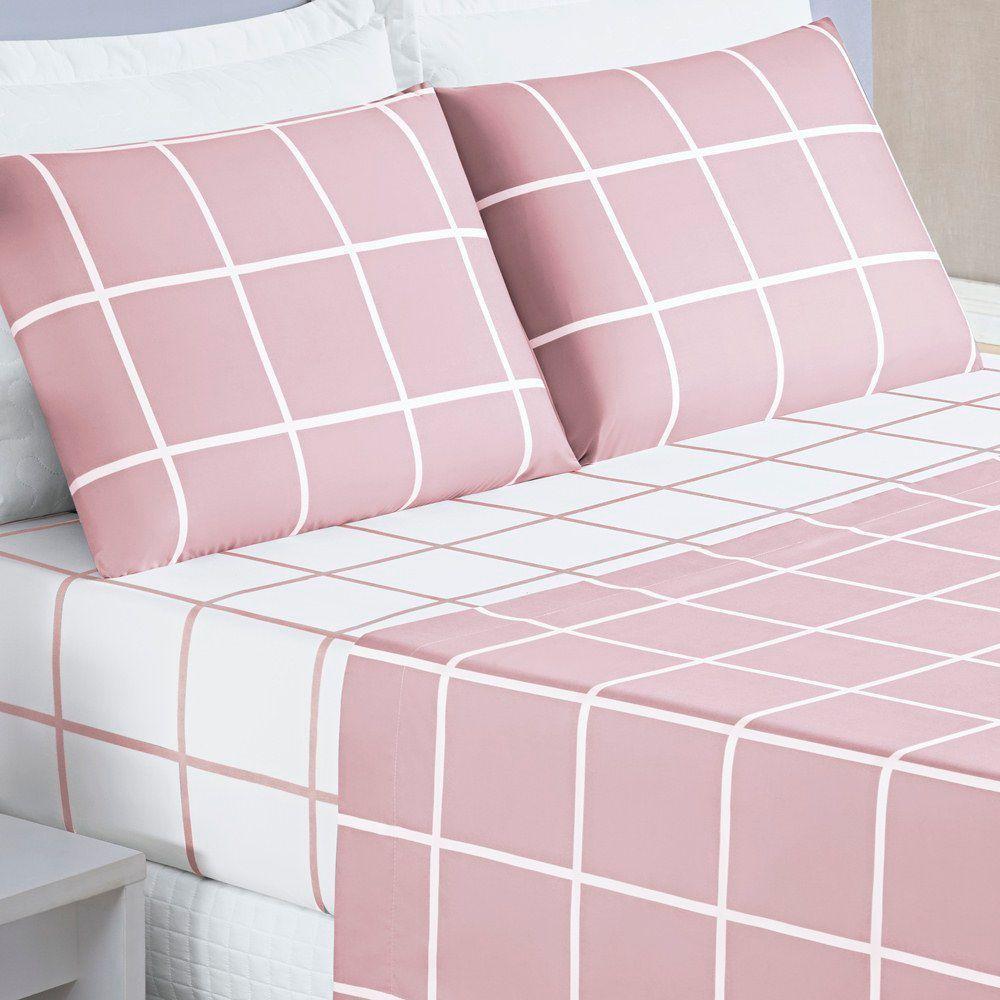 Jogo De Lençol Casal Padrão Austin Micropercal 200 Fios - 4 Peças Cor Xadrez Rosa - 2