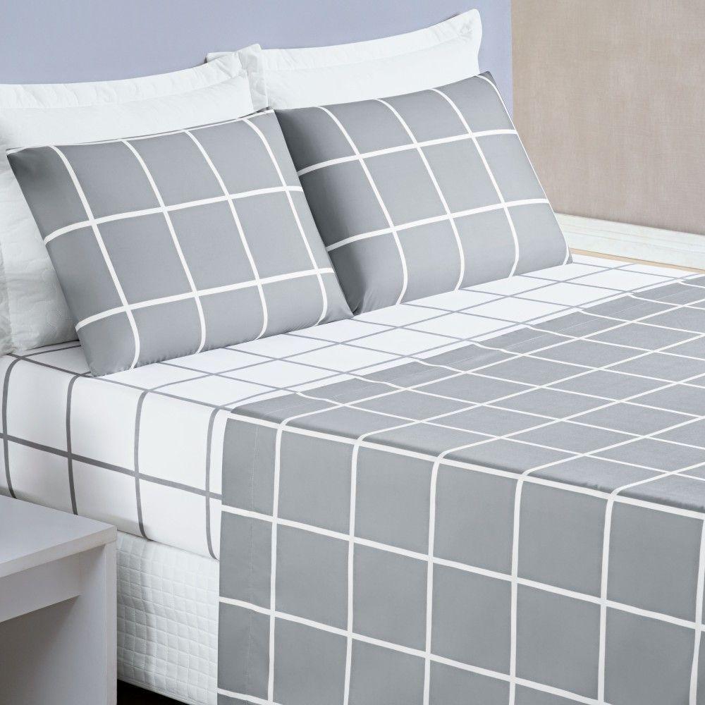 Jogo De Lençol King Austin Micropercal 200 Fios - 4 Peças Cor Xadrez Cinza - 1