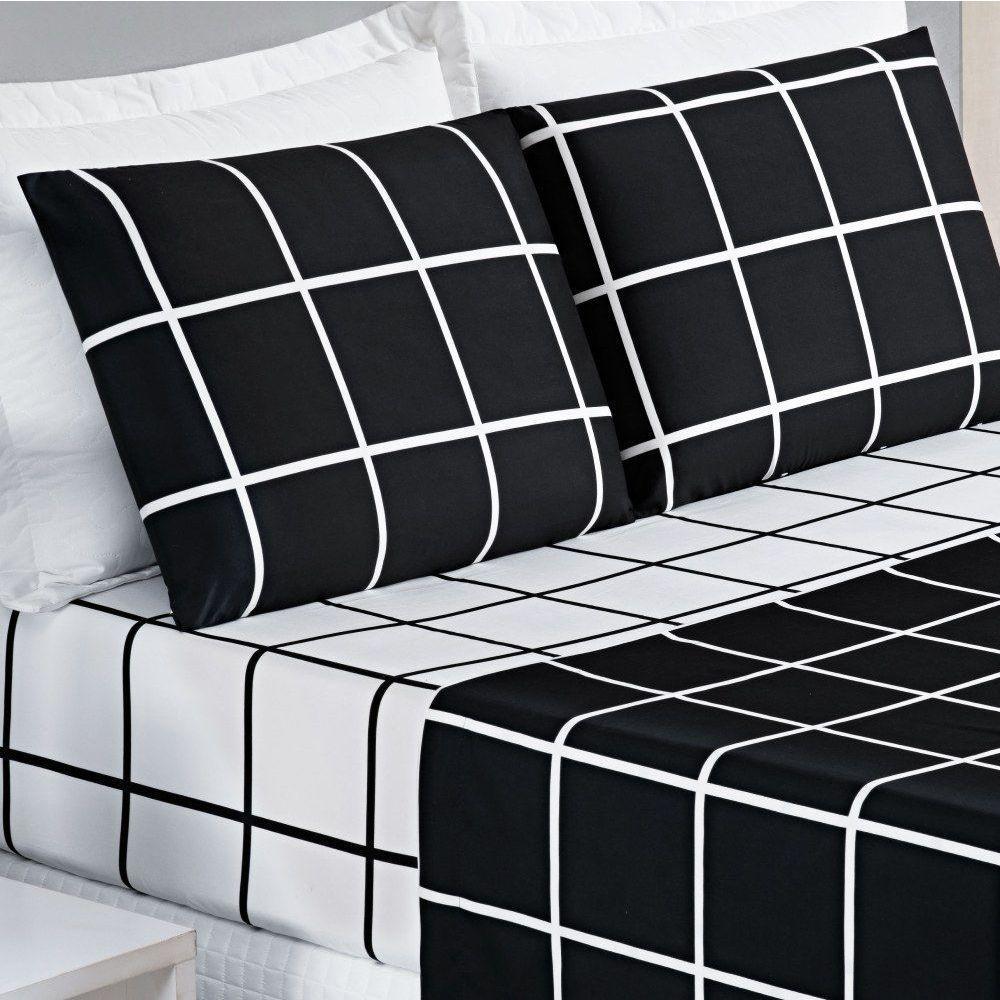 Jogo De Lençol Solteiro Austin Micropercal 200 Fios - 3 Peças Cor Xadrez Preto - 2