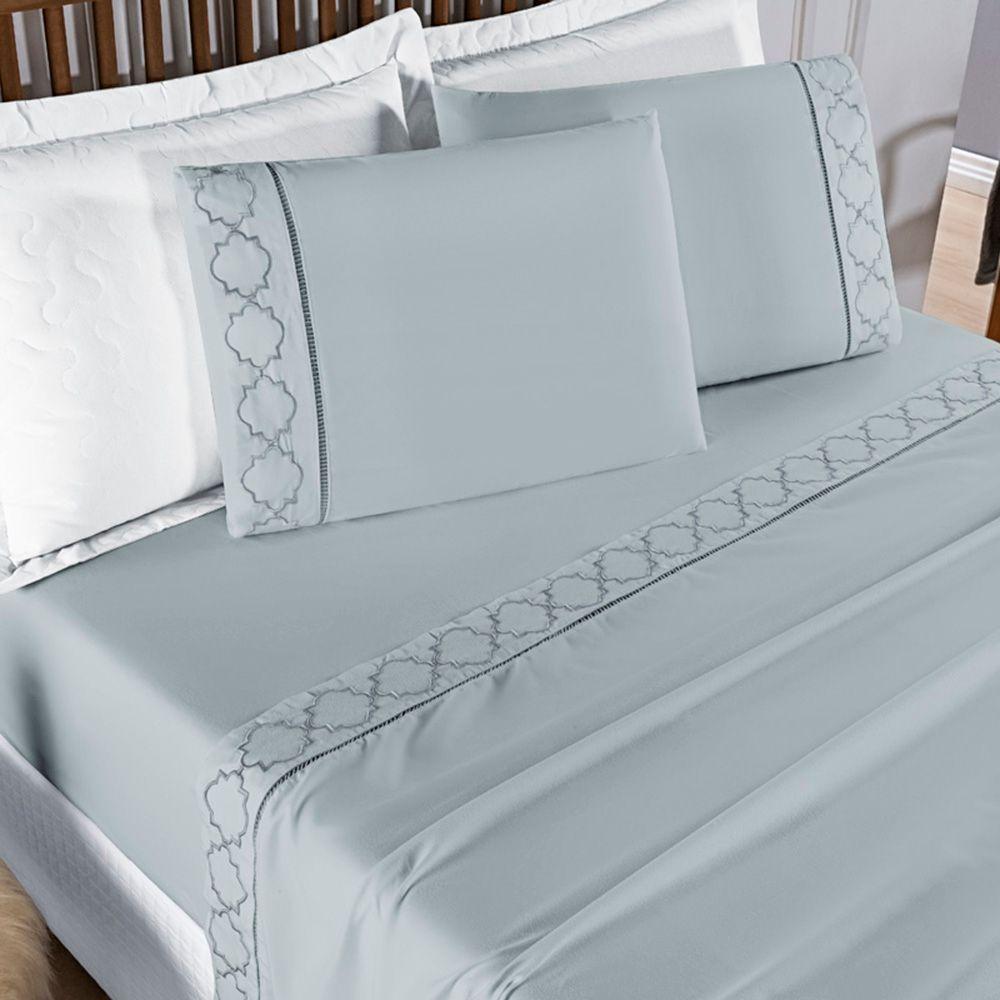 Jogo De Lençol Helena Queen 4 Peças Micropercal 400 Fios Ponto Palito Macio - Cinza - 1