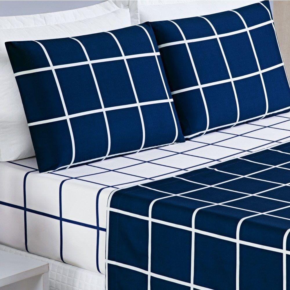 Jogo De Lençol Solteiro Austin Micropercal 200 Fios - 3 Peças Cor Xadrez Marinho - 2