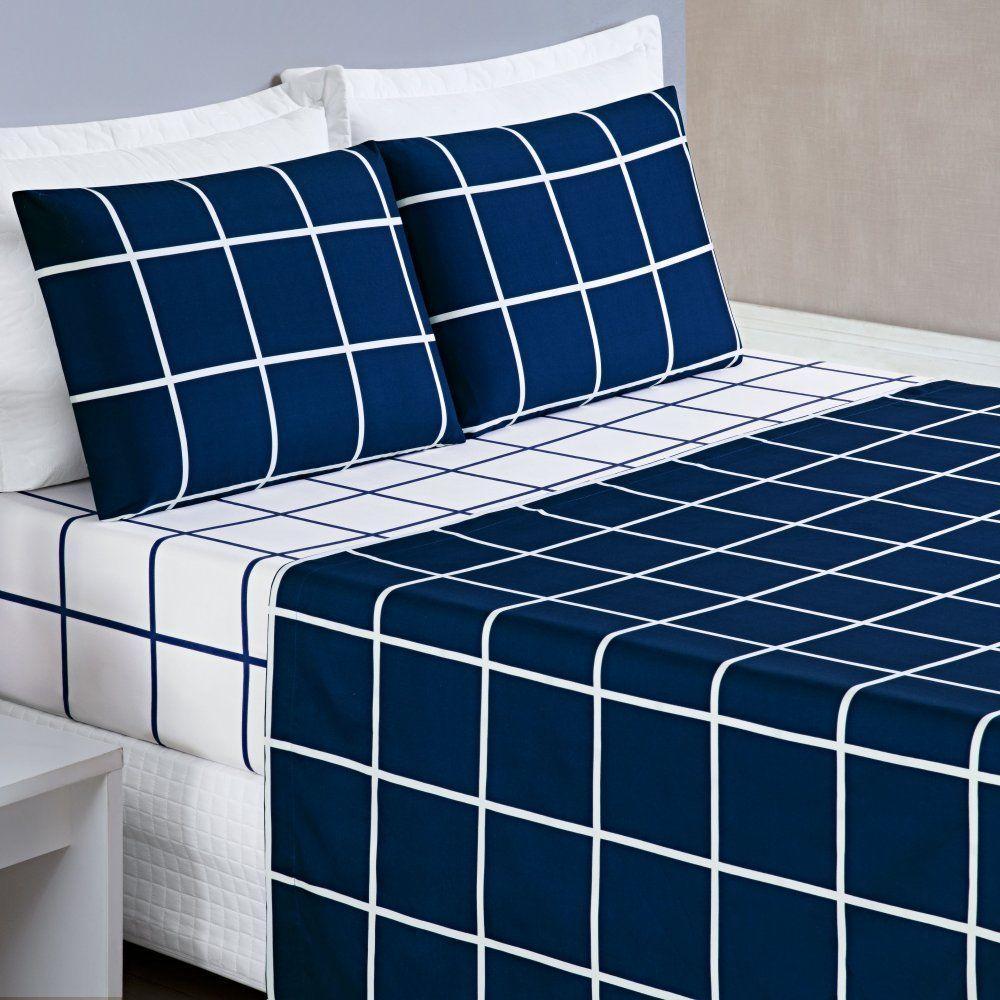 Jogo De Lençol Casal Padrão Austin Micropercal 200 Fios - 4 Peças Cor Xadrez Marinho - 1