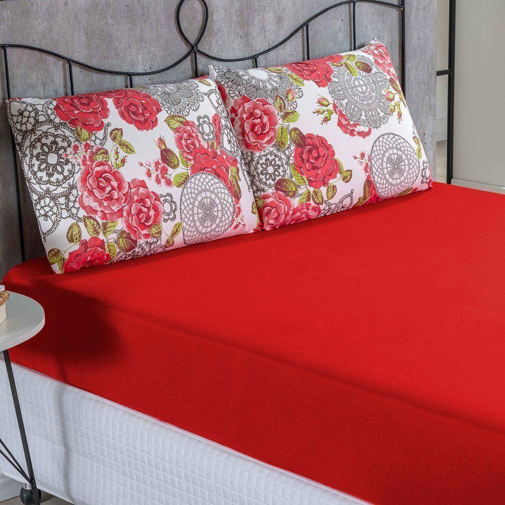 Jogo De Cama Malha Lençol 100% Algodão Primavera 3 Peças Queen - Floral Vermelho. - 1