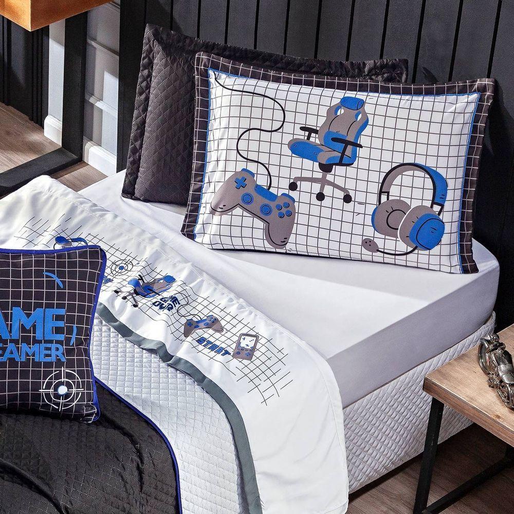 Jogo De Cama Game Streamer Branco-azul Solteiro 03 Peças Percal 200 Fios - 2