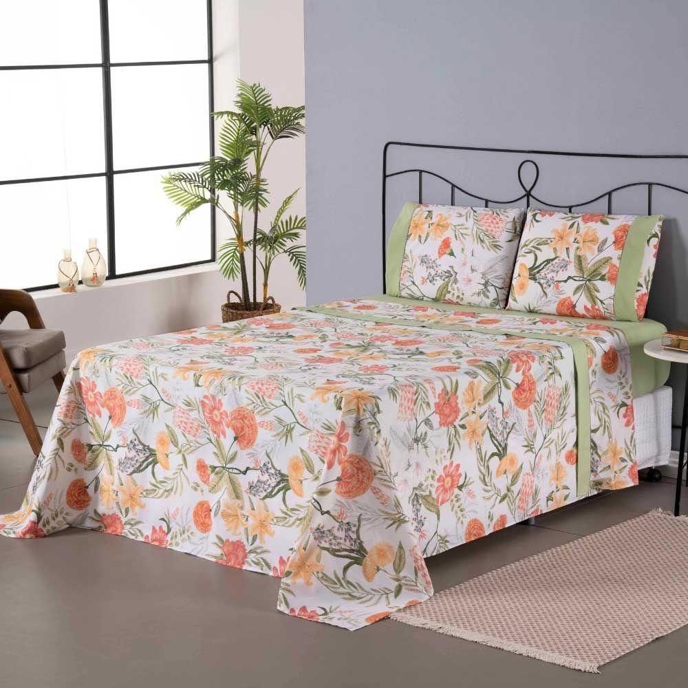 Jogo De Lençol Naturale Estampado King 4 Peças Ponto Palito Percal 180 Fios - Verde Floral - 2