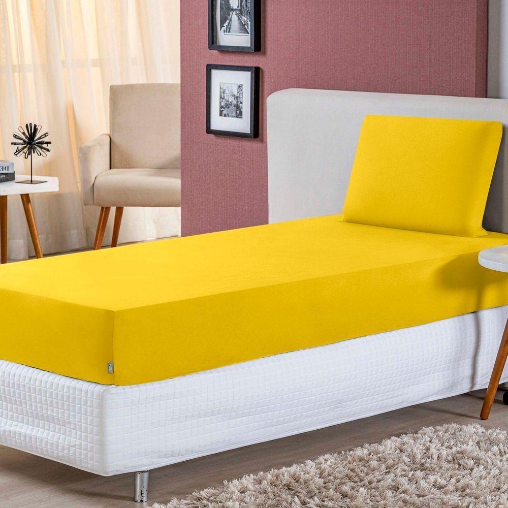 Jogo De Lençol Solteiro Malha 100% Algodão 2 Peças Cor Amarelo - 1