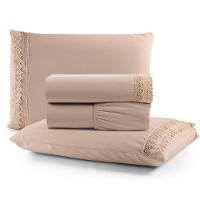 Jogo Cama Lençol Haia Casal Padrão Percal 200 Fios 100% Algodão Guipir Bordado Inglês 4 Peças - Avelã - 1