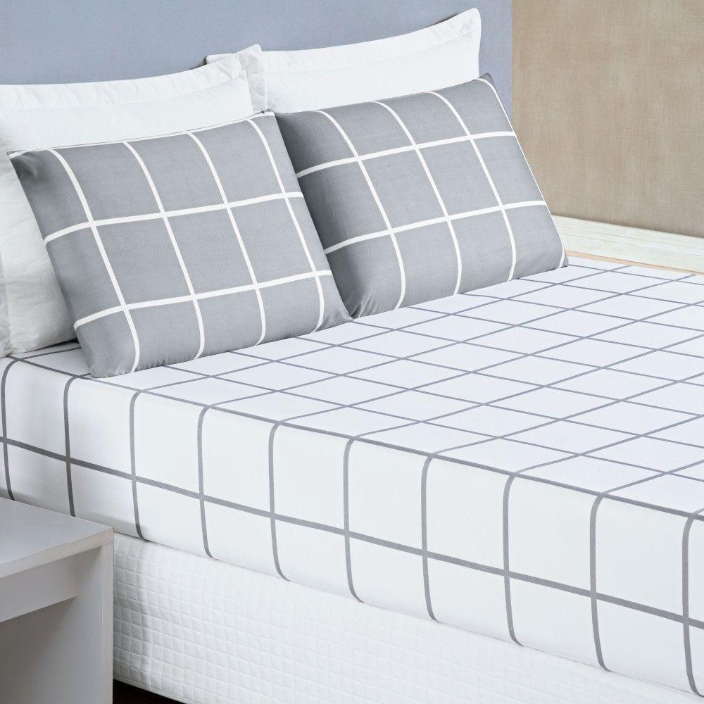 Jogo De Lençol King Austin Micropercal 200 Fios - 3 Peças Cor Xadrez Cinza - 1