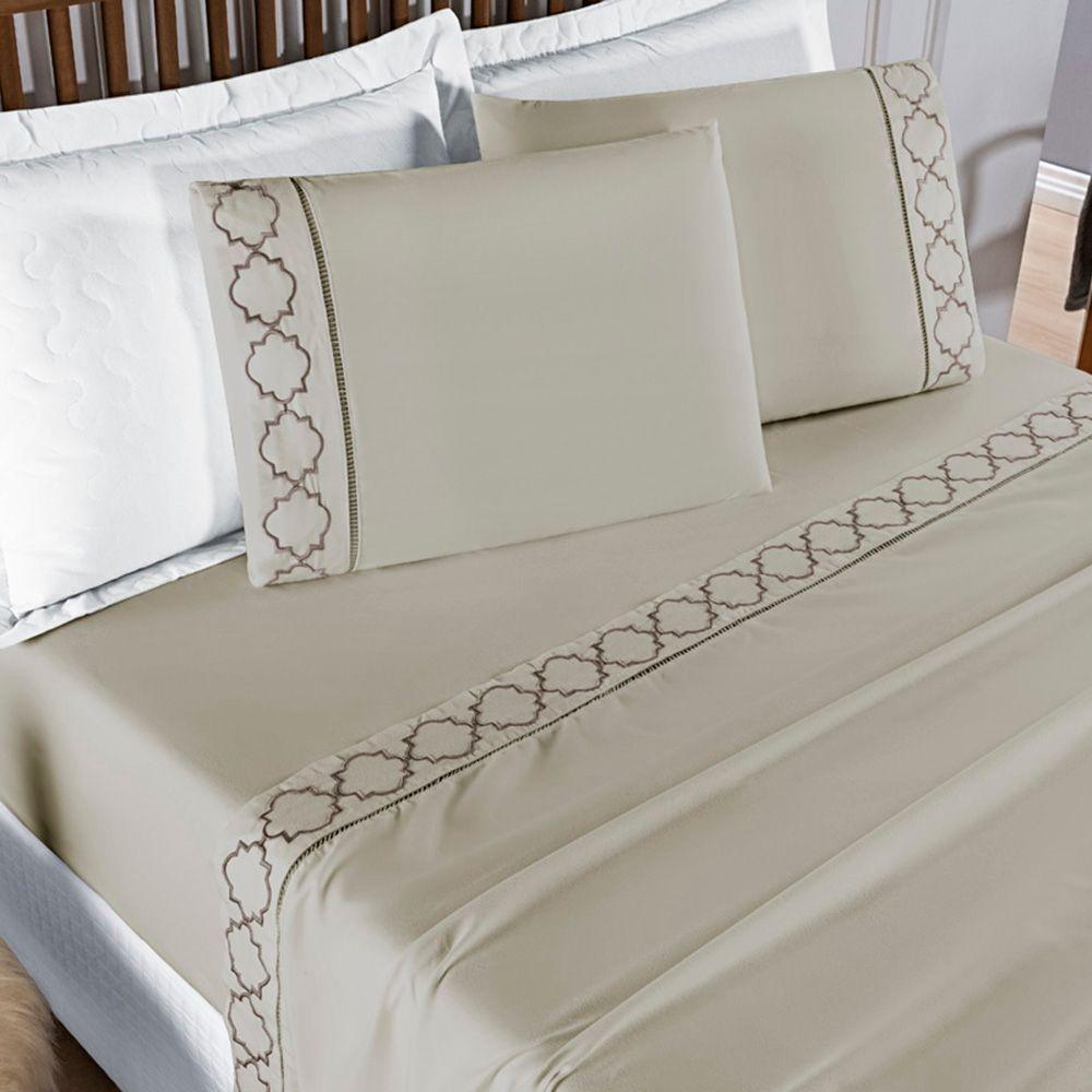 Jogo De Lençol Helena Casal 4 Peças Micropercal 400 Fios Ponto Palito Macio - Cáqui - 1