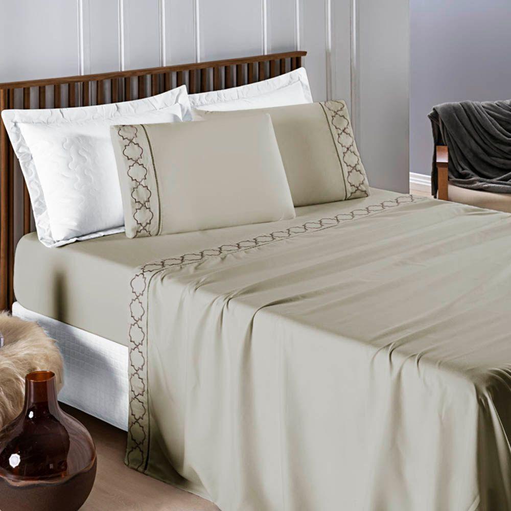 Jogo De Lençol Helena Casal 4 Peças Micropercal 400 Fios Ponto Palito Macio - Cáqui - 5
